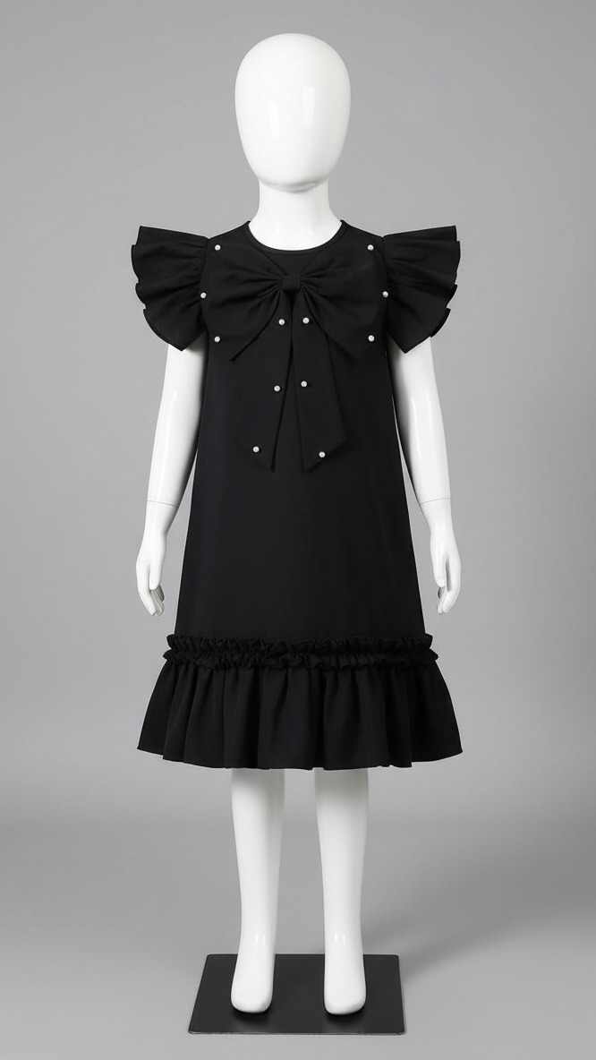 Black Bowtie Pearl Frock RK-128 (1 PC STITCHED)