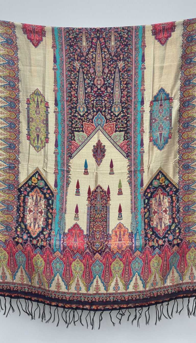 Colorful patterned shawl with intricate designs on a red background